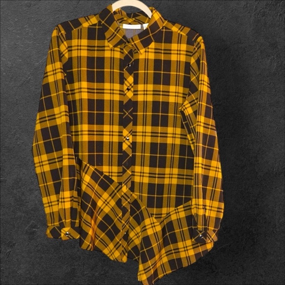 Susan Graver Asymmetrical Cut Plaid Patterned Button-Down Blouse - Picture 2 of 7